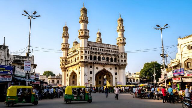 Historic Charminar with Crowded Bazaar and Evening Sky