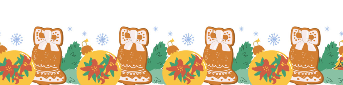 Cartoon christmas cookies border with xmas bauble and fir branch, snowflakes. Bright border for washi tapes.