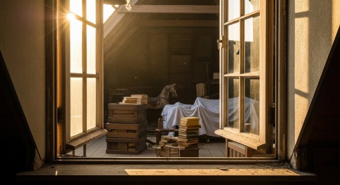 Sunlit Attic Dormer Window Propped Open Over Dusty Storage Area With Vintage Objects