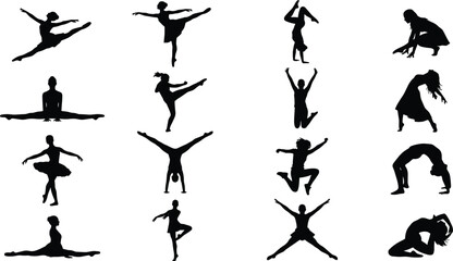 Dance and Gymnastics Silhouettes Featuring Ballet Yoga Acrobatics Stretching and Artistic Performance Poses Vector Illustration Collection © Mukti