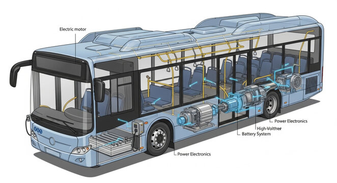 Detailed cross section diagram of a modern city bus interior and exterior components.