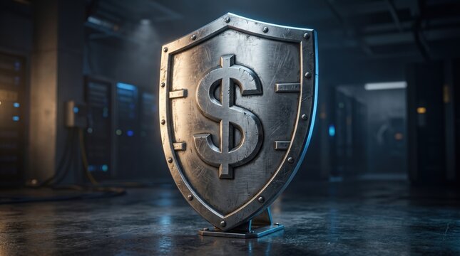 Financial Security: An impressive shield emblazoned with a dollar sign stands boldly in a futuristic server room, symbolizing robust financial protection.