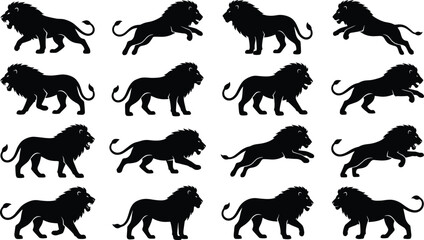 Dynamic African Lion Silhouette Collection Featuring Running Jumping Walking and Roaring Big Cat Poses for Wildlife Vector Design © Mukti