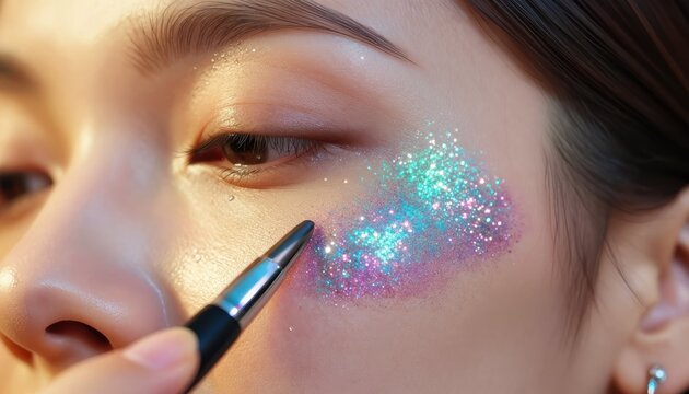 Makeup application featuring glittering eyeshadow beauty studio photography indoor close-up view glamour concept