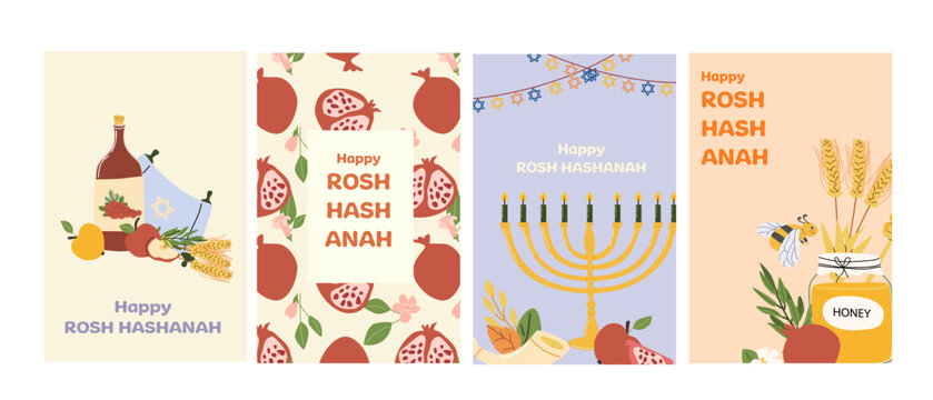 Happy Rosh Hashanah cards set. Vector posters of harvest rosh hashanah elements honey, pomegranate, wine and apple, menorah and torah scroll. Jewish holiday cards in flat style.