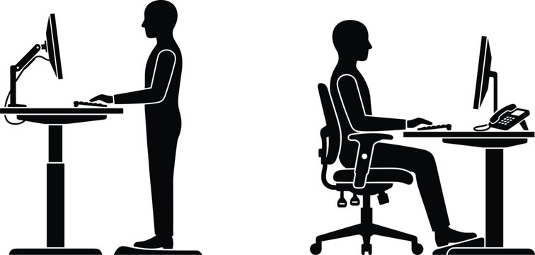 Ergonomic Office Workstation Silhouette Featuring Standing Desk and Sitting Computer Posture for Workplace Health Vector Illustration