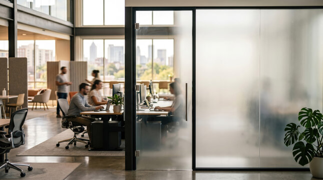 Modern office interior with frosted glass partition wall and blurred employees working at desks in background