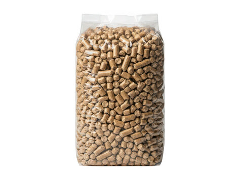 Wood pellets in transparent plastic bag, compressed sawdust fuel for heating, eco-friendly biomass energy source for pellet stoves and boilers isolated PNG with Transparent Background