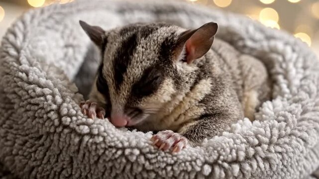 A closeup photograph of a sugar glider resting in a cozy blanket indoors.
