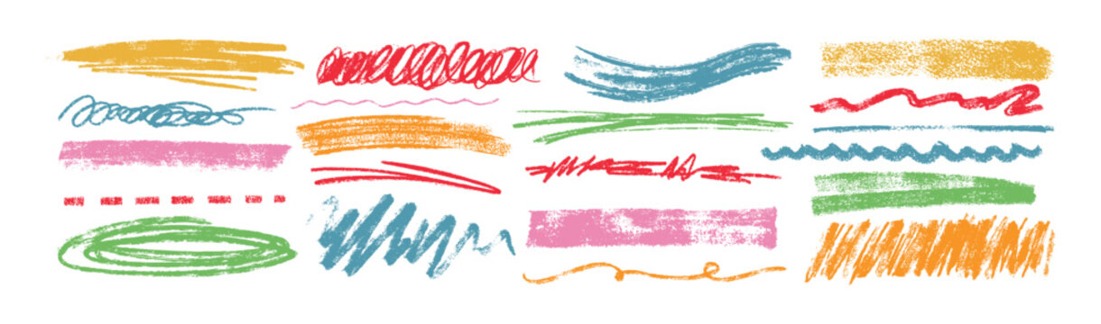 Colorful crayon underlines, charcoal scribbles, wavy brush strokes. Hand drawn doodle kids squiggles, curly and dashed lines. Chalk pencil thin and rough stripes, freehand scratch on white background