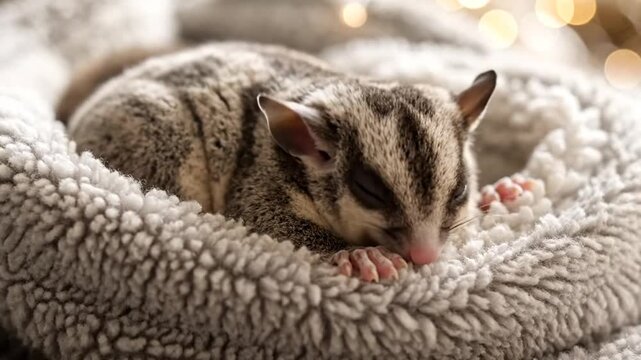 A closeup photograph of a sugar glider resting on a fuzzy blanket indoors.