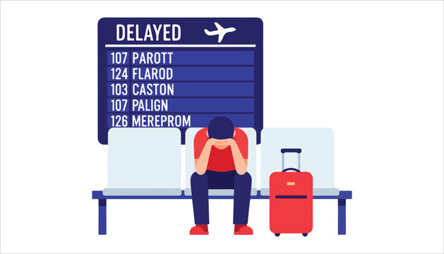 A frustrated traveler sits on an airport bench with a suitcase, facing a delayed flight information board.