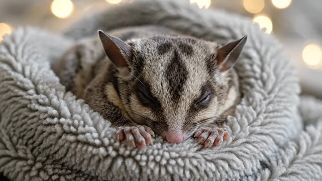 A closeup photograph of a sugar glider resting on a soft blanket indoors.