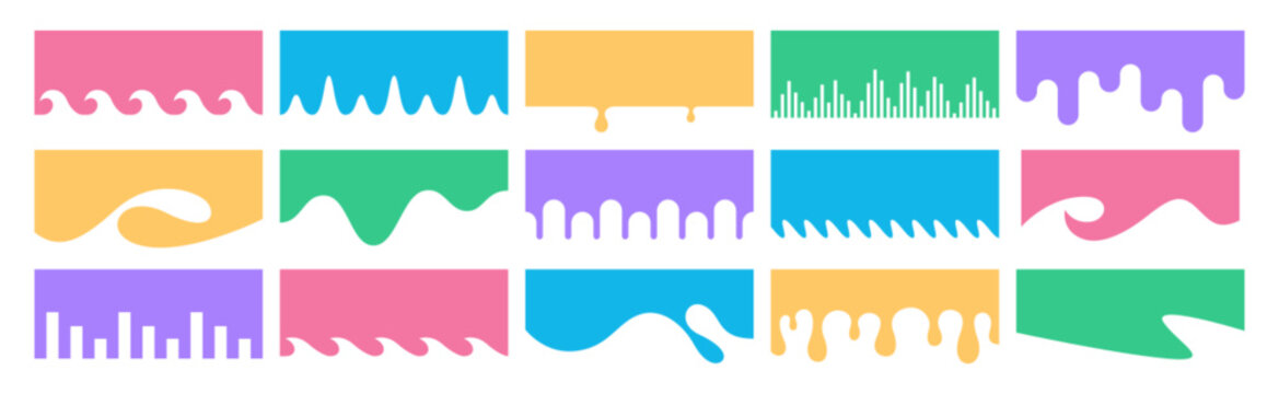 Separator header shape set. Colorful section divider for website, app, banner, web page. Modern bottom, top border, headline design elements or footers with wavy line, drips, drops on white background