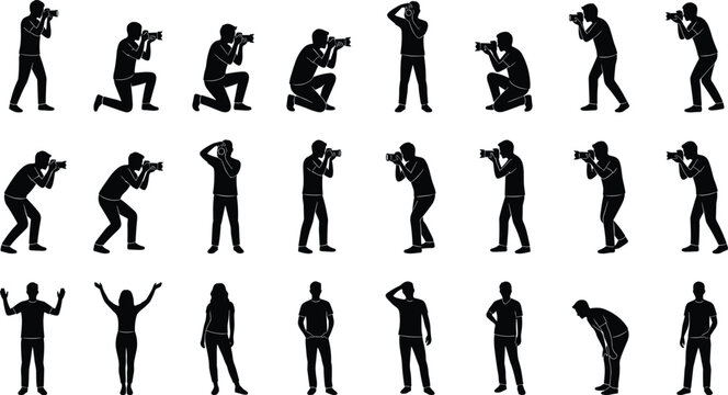 Photographer and Human Pose Silhouette Collection Featuring Camera Action Standing and Creative Studio Photography Vector Design