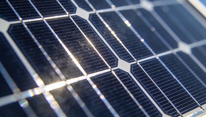 Obraz premium Showing close-up photovoltaic cells reflecting sunlight on rooftop, with silver busbars