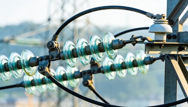 Showing green glass disc insulators clamping on rod at power line with white bushing, black cables