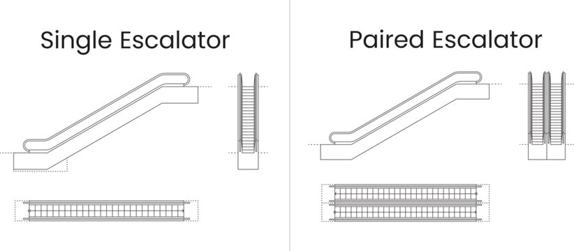Escalator plan and elevation set, single and paired escalators, architectural blueprint, editable stroke, vector