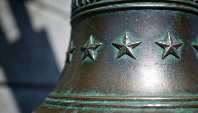 Showing close-up large bronze bell with verdigris patina and five-pointed stars at outdoor monument