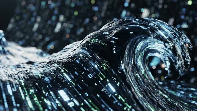 A dramatic, powerful, and luminous digital wave crests and crashes, showcasing intricate streams of glowing binary code and data amidst a dark, futuristic expanse, evoking concepts