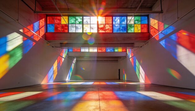 Casting colored clerestory windows projecting light across hall, reflecting on polished floor