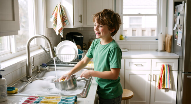 Young boy washing dishes in kitchen sink. Happy child helping with household chores