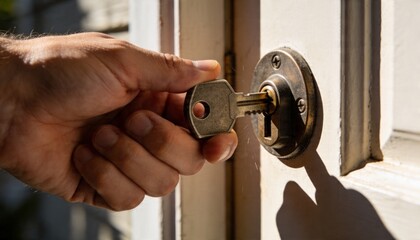 Fototapeta premium Holding right hand turning metal house key in painted wooden door lock, sunlight casting shadow