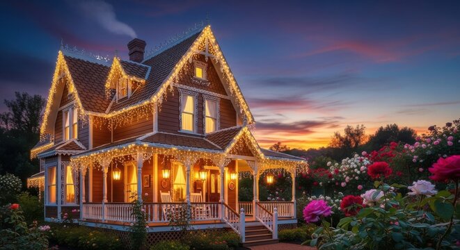 Victorian Gingerbread House Illuminated with Christmas Lights at Twilight