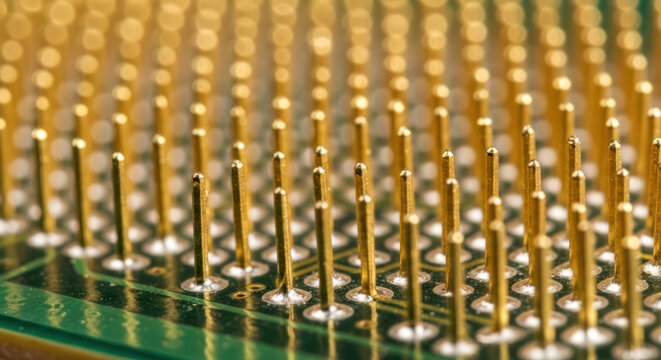 Processor Pins Macro View Showing Gold Plated Electrical Contacts on Component