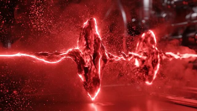 Abstract, energetic scarlet energy pulses through fractured crimson crystals, casting crimson light onto a gritty, industrial, otherworldly surface, evoking a sense of powerful, volatile