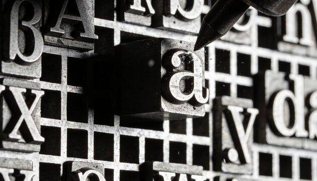 Focusing metal type tray showing letter a raised, catching light in print shop with type pick