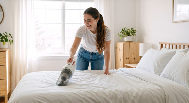 Young woman vacuuming white bed sheets with handheld vacuum. Happy person cleaning bedroom at home