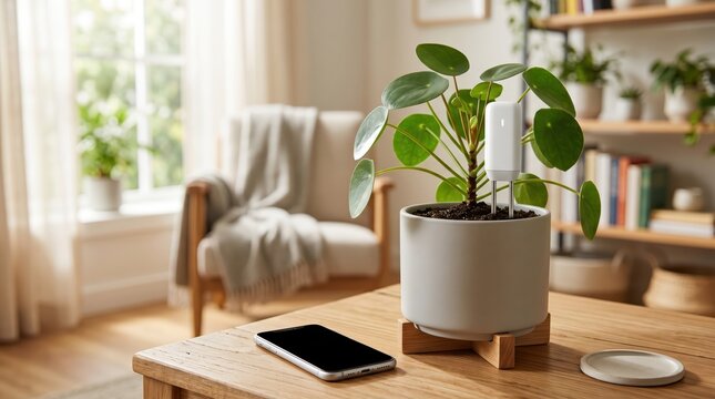 Potted pilea plant with smartphone on wooden side table in living room