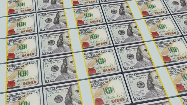 Stacks of 100 Dollar Bills in Rows Wealth and Finance 3D Concept Animation. 4K