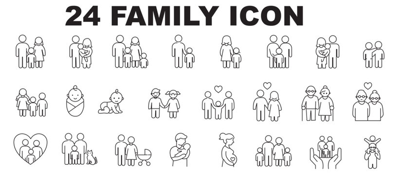 Family line editable icon set. Parents, children, baby, pregnancy, elderly, home, love, care. Outline icon collection, editable stroke, vector illustration