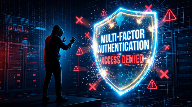 Cybersecurity Shield Blocking Hacker Multi Factor Authentication