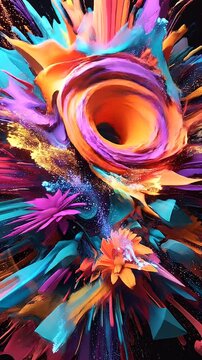 oggetto dalle forme multiple ed astratte e dai tanti colori che si trasforma e cambia aspetto, sfondo nero, animazione 3D