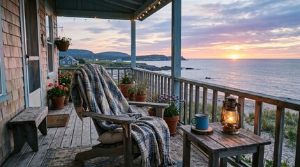 Obraz premium Wooden porch chair draped with blanket facing ocean at sunset