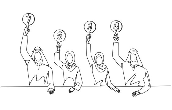 Four people in traditional middle eastern clothing hold up auction paddle signs with numbers tradition audience business commerce exchange gathering cultural heritage illustration selection