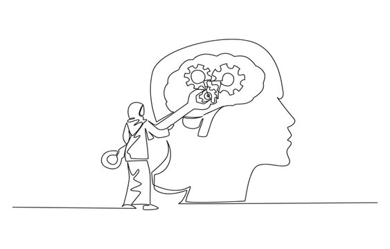 Personer bygger og reparerer tanker i en hjerne med verkt&oslash;y og tannhjul with mentale prosesser forst else mentalt arbeid l sning verkt y skiften kkel sort hvitt line art konseptuell illustr