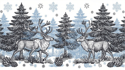 Two reindeer standing in snowy landscape. © Bang