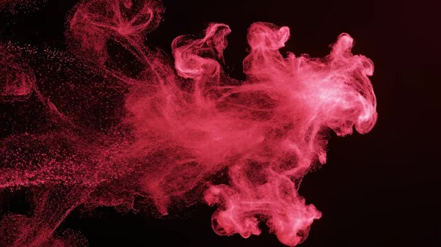 Vibrant crimson particulate matter streams and swirls energetically creating an abstract, dynamic, and atmospheric visual representing fluid motion and ephemeral energy against a deep, dark void
