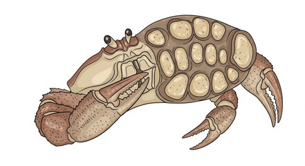 Detailed illustration of a crab with large claws and patterned shell. © Refa