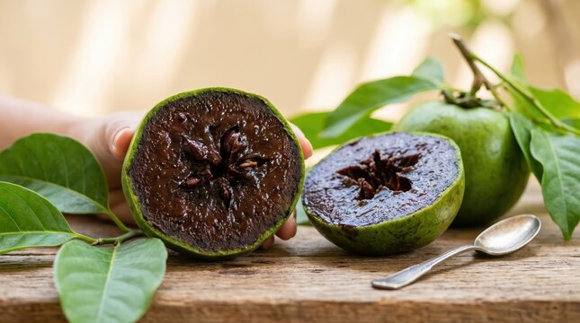 Hand holding halved green sapote with spoon on wood