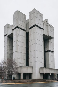 Monolithic brutalist structure with geometric modular units and exposed texture