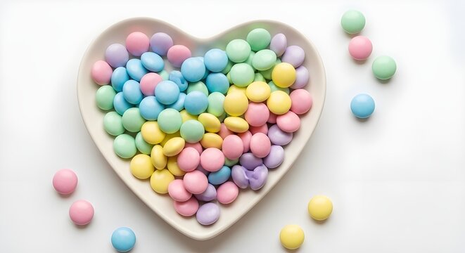 A Heart-Shaped Bowl Filled with Colorful Pastel Candies, Perfect for Celebrations and Sweet Moments