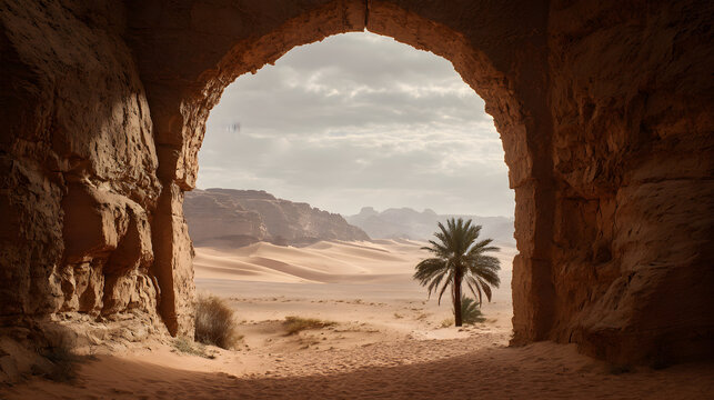 Ancient stone archway framing a serene desert landscape with a single palm tree and sand dunes