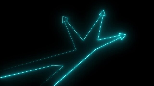 Glowing neon businessman standing in front of a crossroad with road split in three different ways as arrows. vector illustration