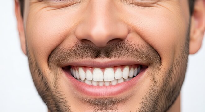 a man with a big smile showing his white teeth and a short beard close up detail view natural lighti