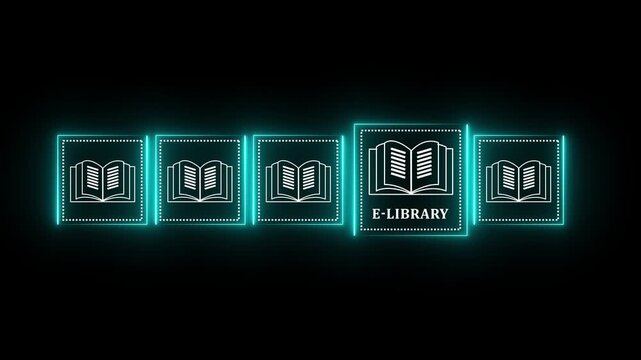 E-library concept. Glowing neon virtual Ebook icons for electronic books online, knowledge base on internet, digital library or e-library.4k motion graphics video
